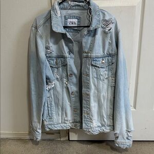 Zara Light Blue Ripped Denim Jacket